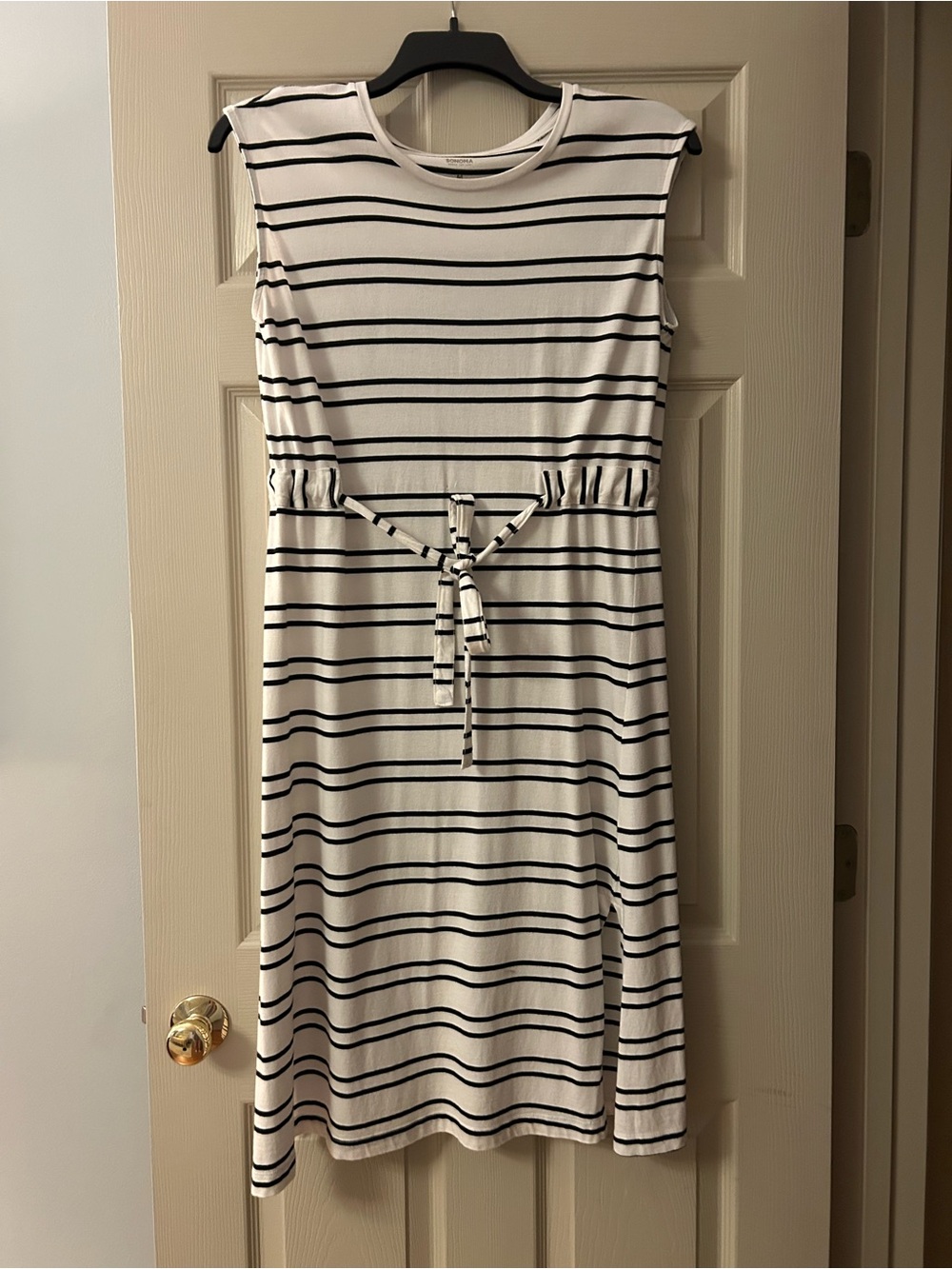 Sonoma White and Black Striped Midi Dress with Waist Tie